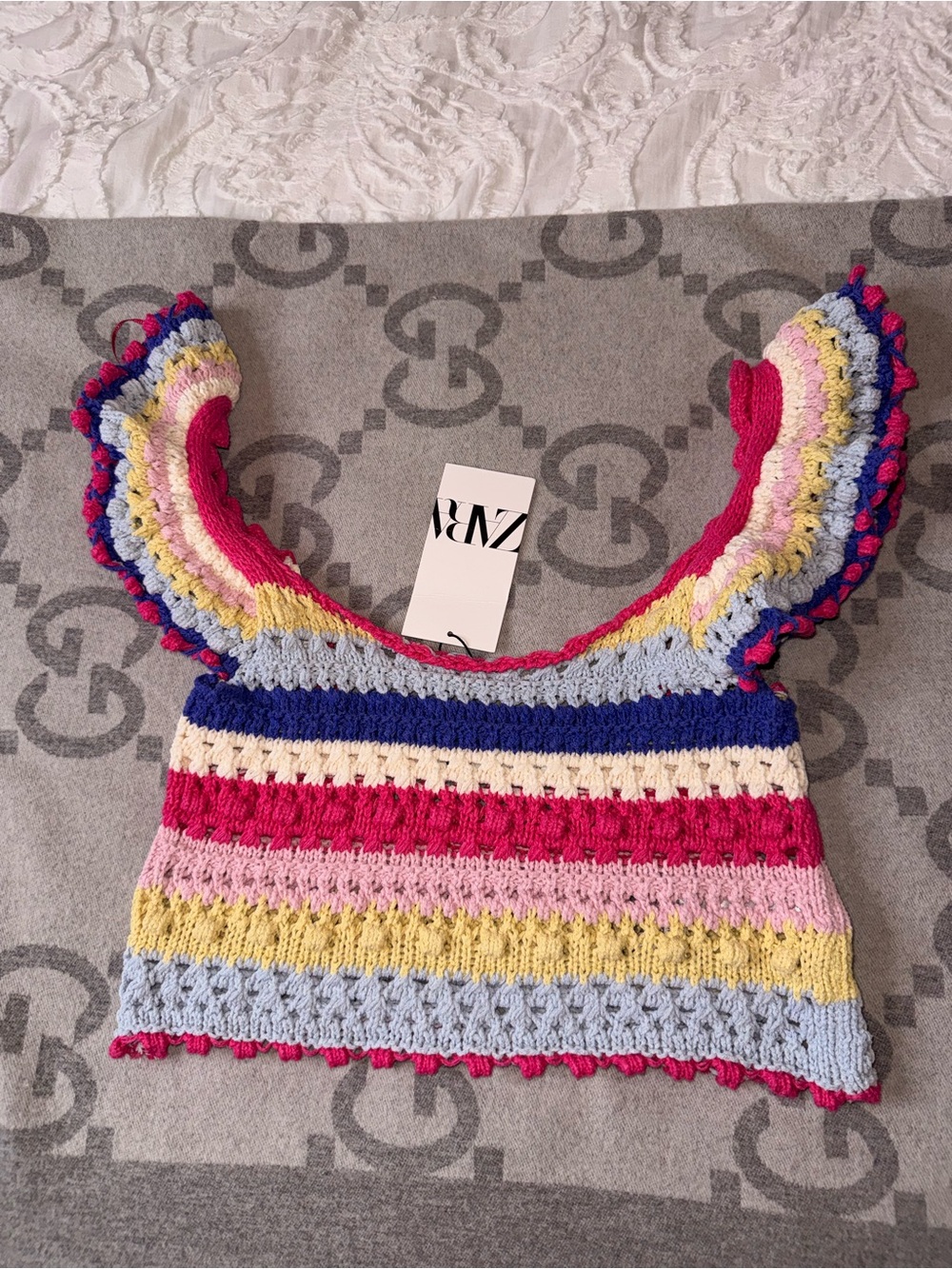 NWT ZARA Multicolor Crochet Ruffle-Strap Top